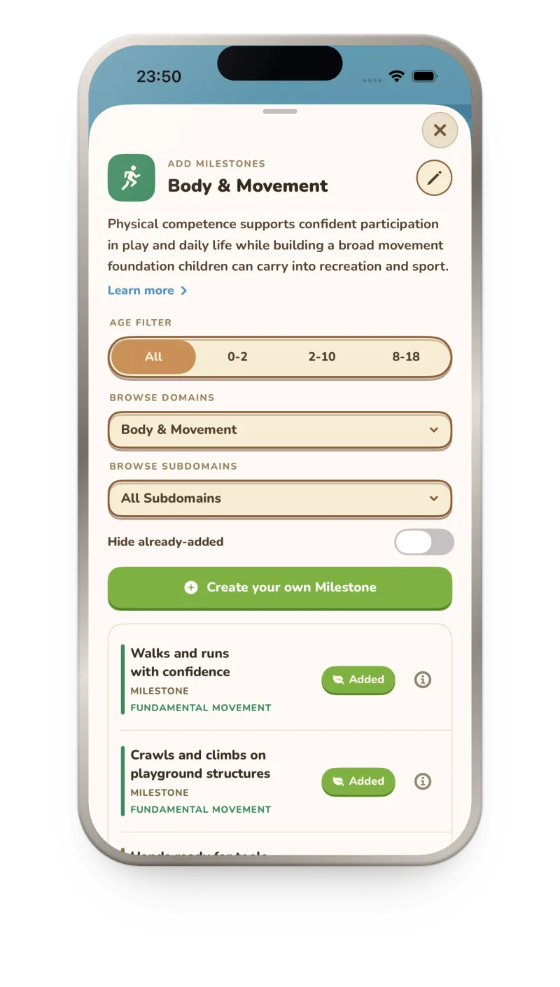 Almanac's milestone picker, where a parent chooses which milestones and habits to plant for their child.